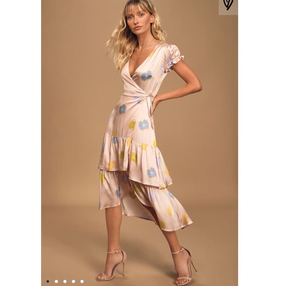 Kai Blush Floral Print Satin Ruffled Midi Wrap